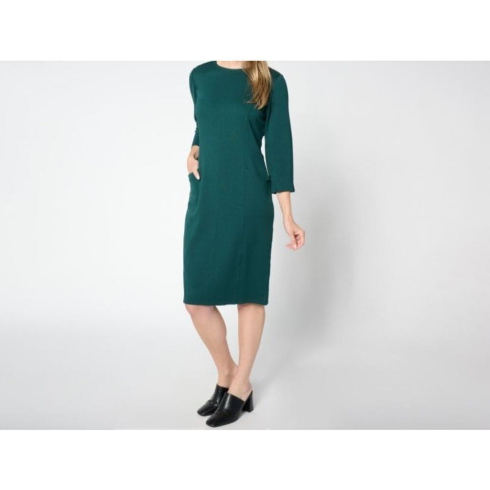 Joan Rivers Petite Small Evergreen Ponte Knit 3/4 Sleeve Dress A655601 NWOT